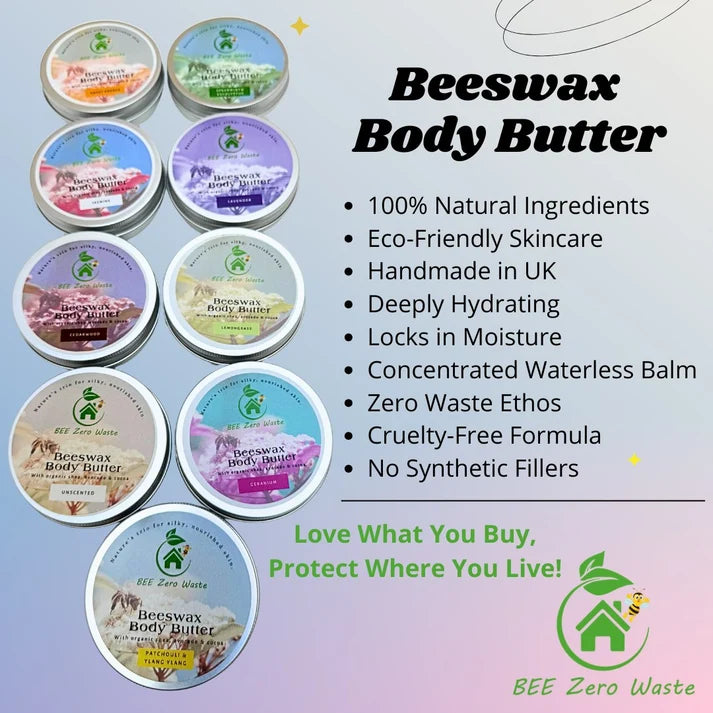 Zero-waste natural skincare inventory featuring highly concentrated beeswax body moisturiser.