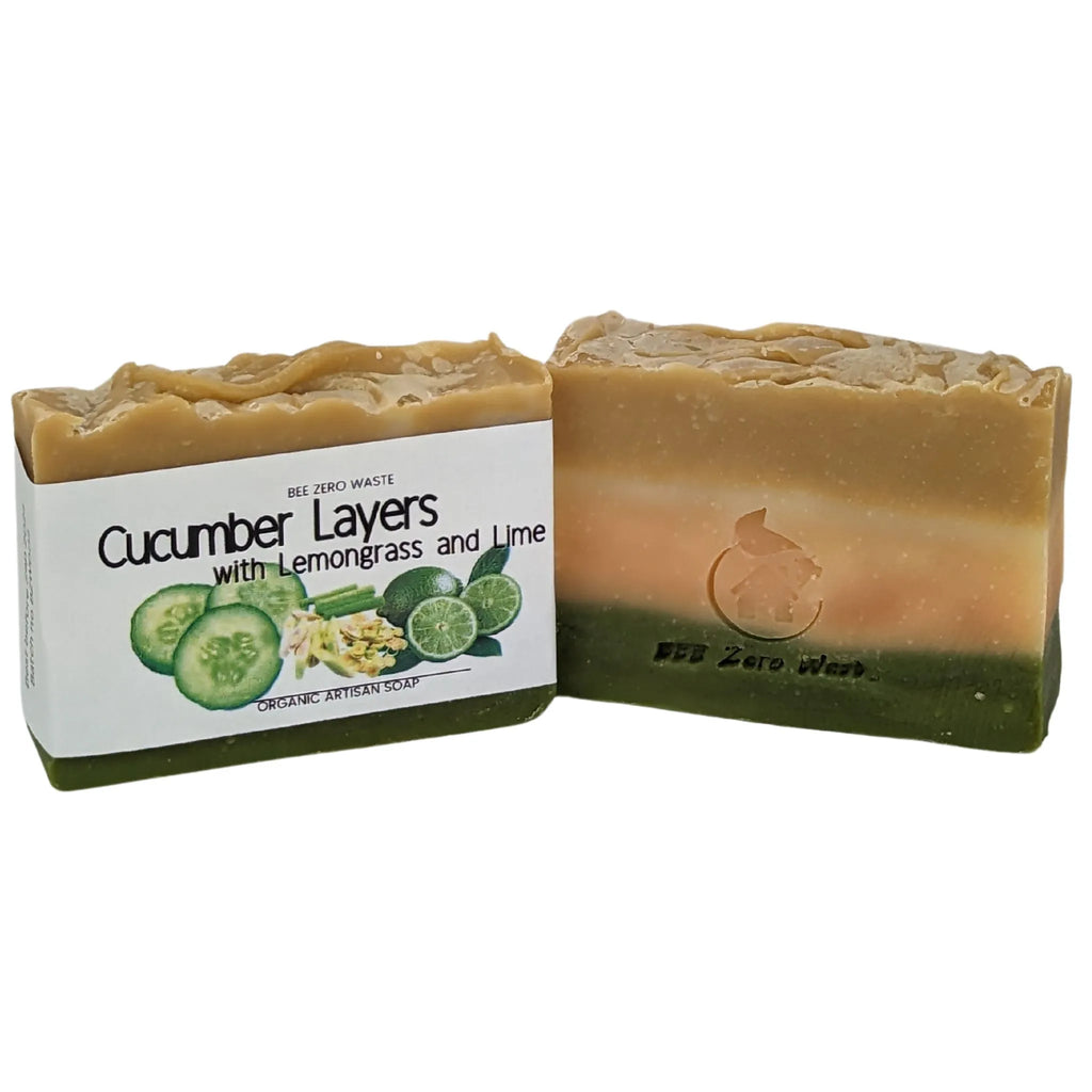 Cucumber Layers fresh handmade soap showcasing natural clay colorants and botanical swirls.