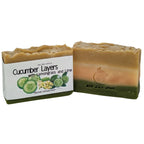 Cucumber Layers fresh handmade soap showcasing natural clay colorants and botanical swirls.