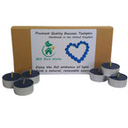 Open bulk box showing unlabelled 100% natural beeswax tealight inserts for shop refill stations.