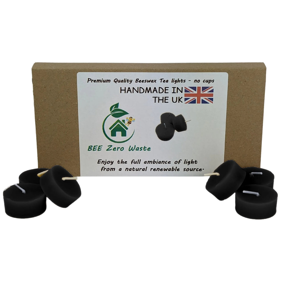 Sustainable wholesale beeswax tealights packed completely plastic-free for eco-conscious shop displays.