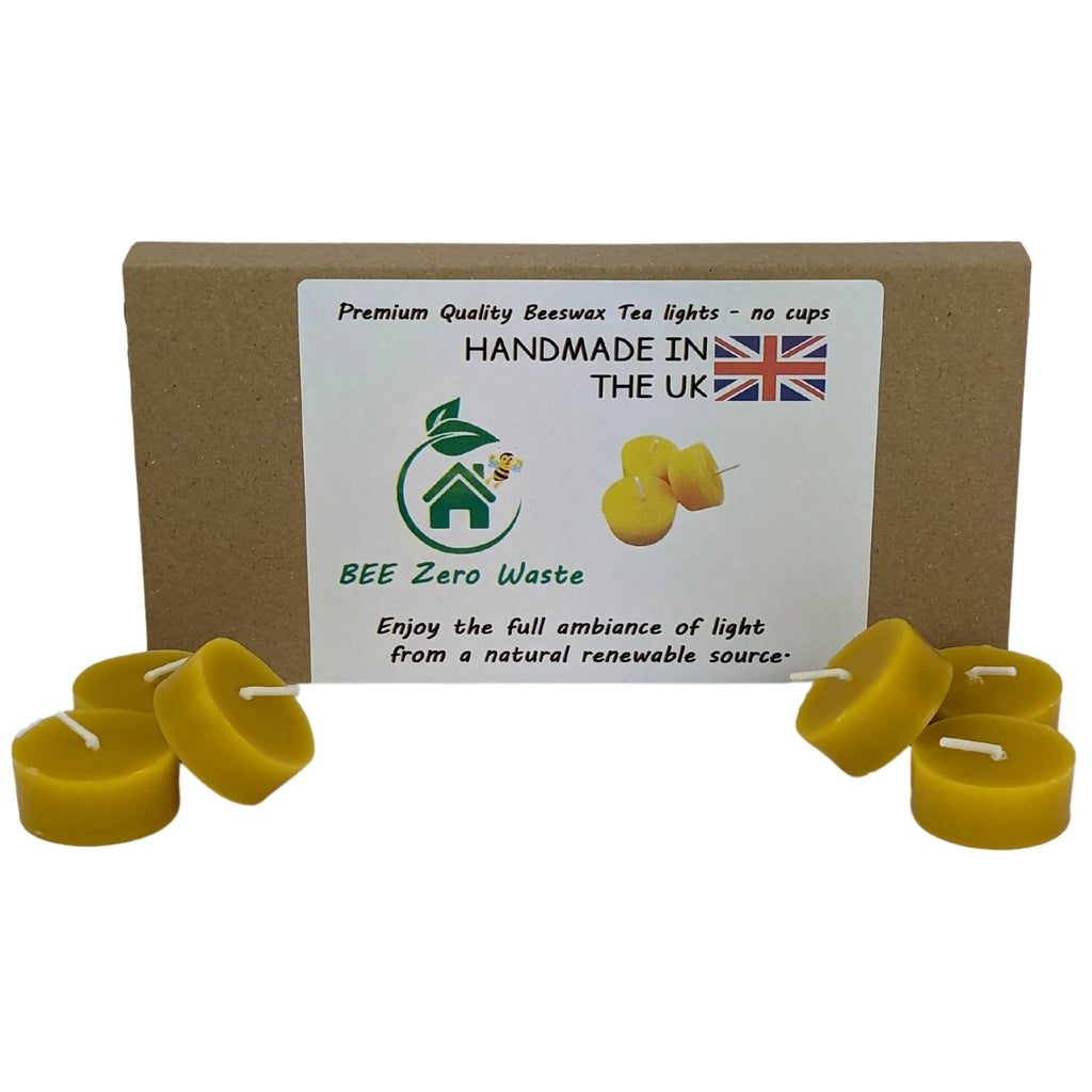 Bulk trade supply of natural yellow British beeswax tealight refills for zero-waste shop dispensers.