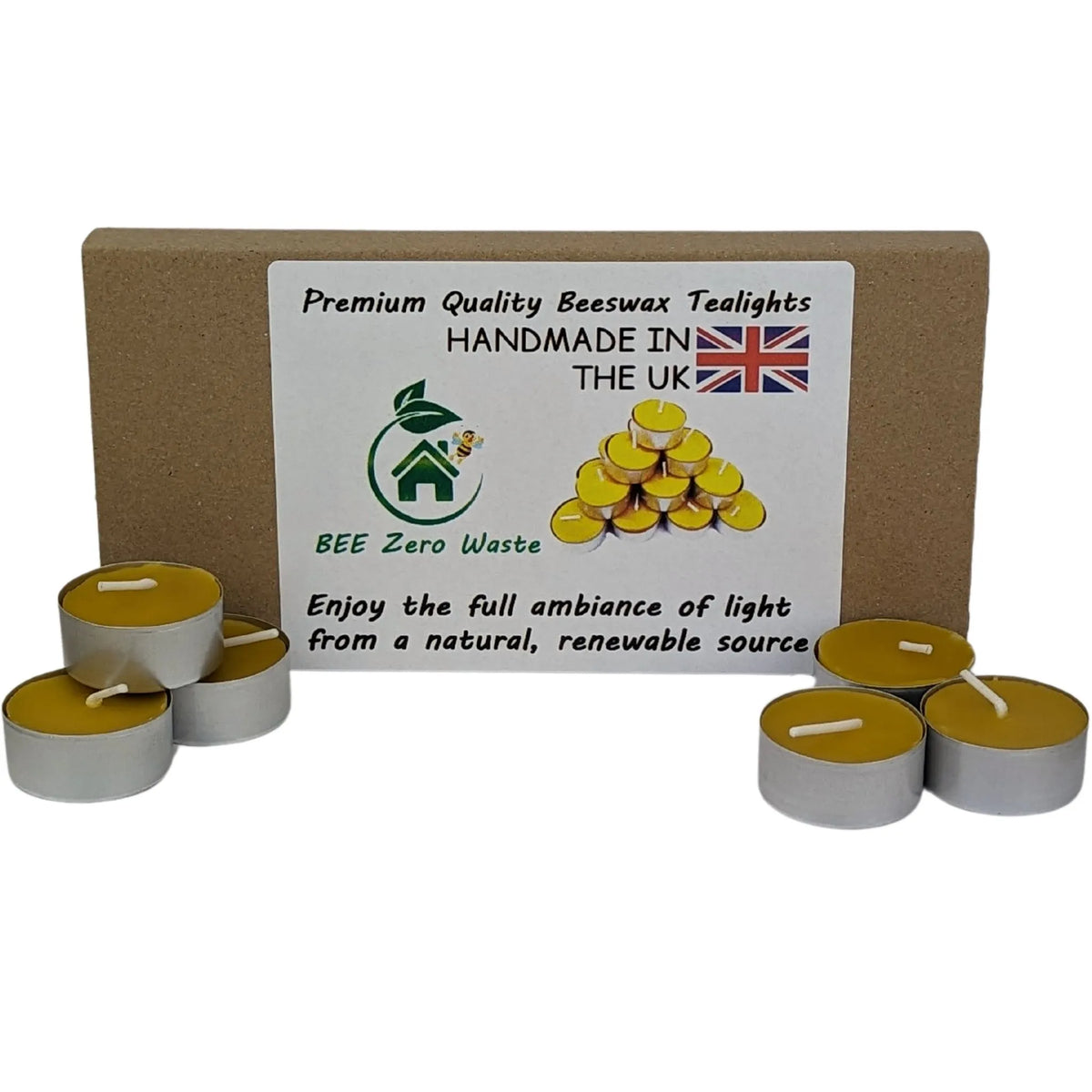 Box of 15 pure British beeswax tealight refills packaged naked for zero-waste wholesale buyers