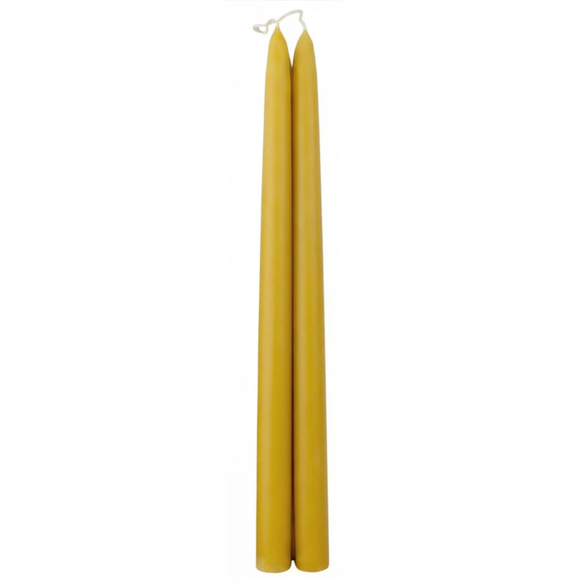 Unlabelled tall natural beeswax banquet candles displayed without packaging for B2B retail stockists.