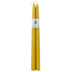 Close-up of two extra-long 320mm pure British beeswax taper candles in natural yellow for wholesale event supply