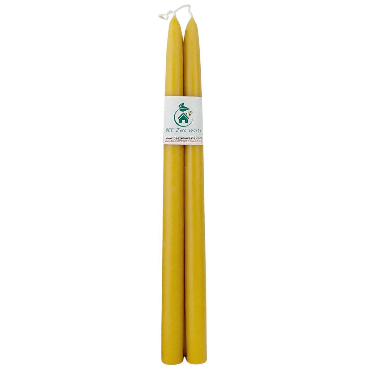 Close-up of two extra-long 320mm pure British beeswax taper candles in natural yellow for wholesale event supply