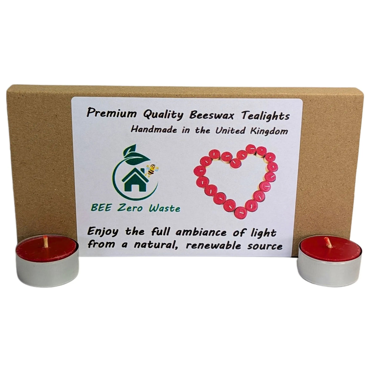 Coloured artisan beeswax tealight refills in yellow, red, green, blue, and black for UK trade supply