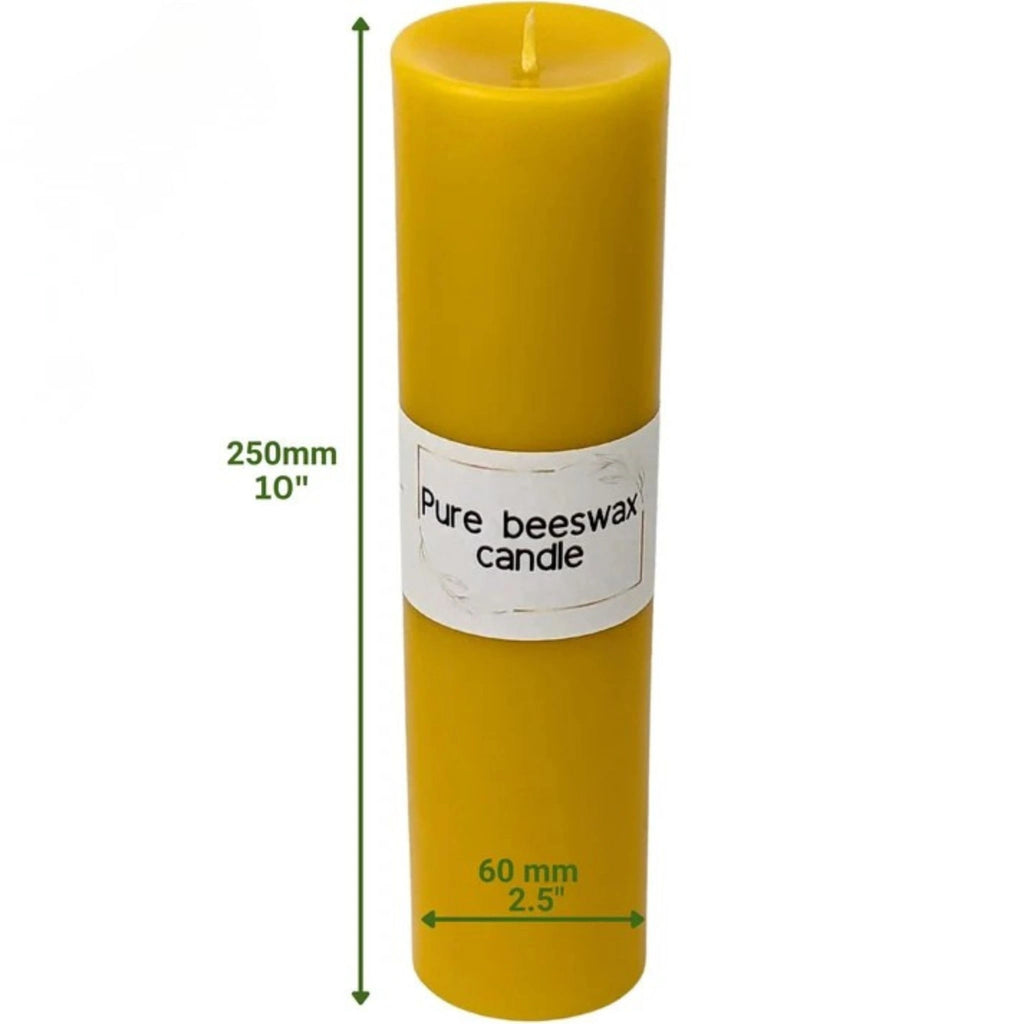 Retail-ready pure beeswax pillar candle wrapped in our signature BEE Zero Waste branded paper band.